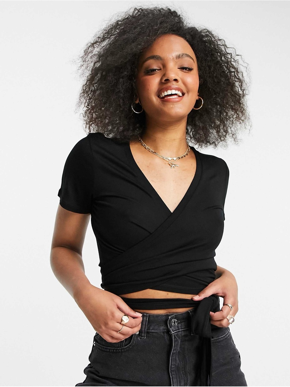 ASOS Black Short Sleeve Wrap Crop Top with Waist Tie